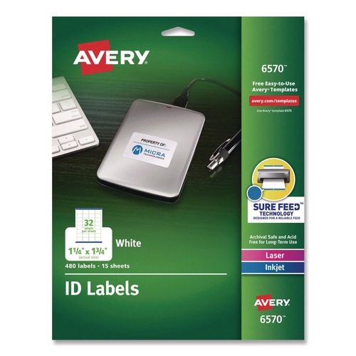 Labels | Avery 06570 1.25 x 1.75 Permanent ID Labels with Sure Feed Technology - White (480/Pack) image number 0