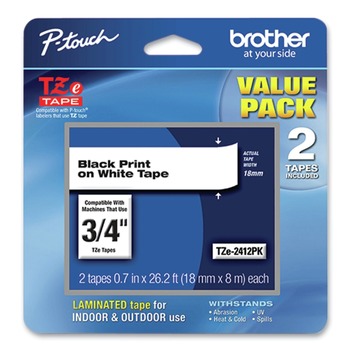 Brother P-Touch TZE2412PK Tze Standard Adhesive Laminated Labeling Tape, 0.7-in X 26.2 Ft, Black On White, 2/pack