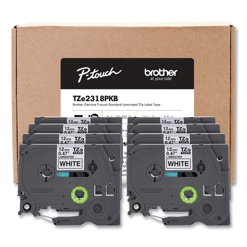 Tapes | Brother P-Touch TZE2318PKB 0.5 in. TZe Series Standard Adhesive Laminated Labeling Tape - Black on White (8/Pack) image number 0