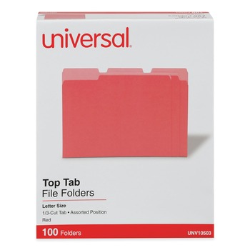 Universal UNV10503 1/3-Cut Tabs Deluxe Colored Top Tab File Folders - Letter Size, Red/Light Red (100/Box)
