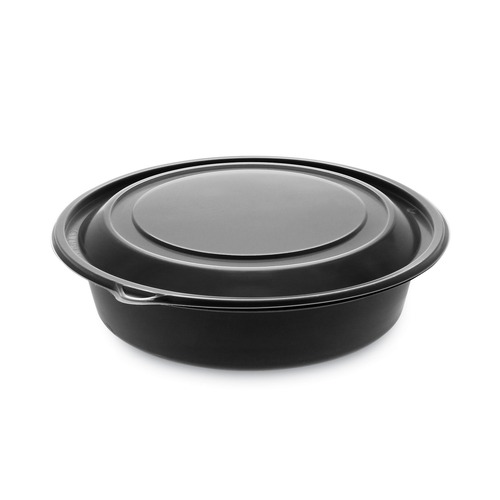 Food Trays, Containers, and Lids | Pactiv Corp. 0CN8083200BL EarthChoice MealMaster 8 in. Diameter x 2.12 in. H 32 oz. Plastic Container with Lid - Black/Clear (250/Carton) image number 0