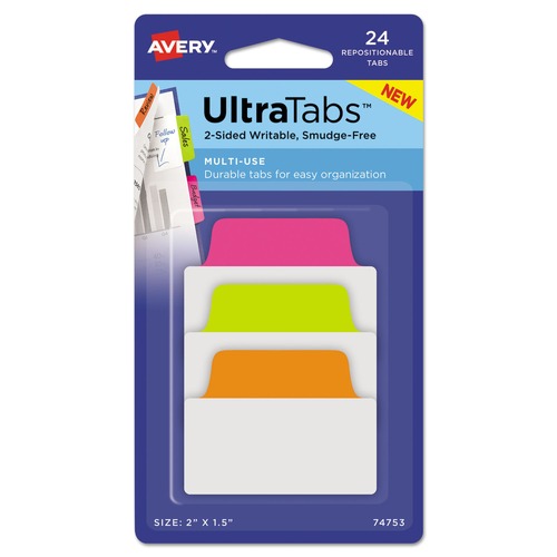 Dividers & Tabs | Avery 74753 2 in. x 1.5 in. 1/5-Cut Standard Ultra Tabs Repositionable Tabs - Assorted Neon Colors (24/Pack) image number 0