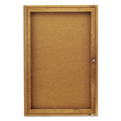 Bulletin Boards | Quartet 363 24 in. x 36 in. Enclosed Indoor Cork Bulletin Board with 1 Hinged Door - Tan Surface, Oak Fiberboard Frame image number 0
