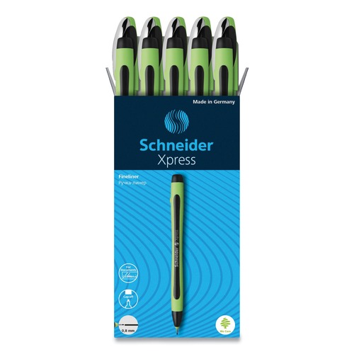 Pens | Schneider 190001 0.8 mm Xpress Fineliner Porous Point Stick Pen - Medium/Black Ink/Black/Green Barrel (10/Box) image number 0