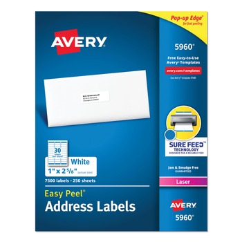 Avery 05960 1 in. x 2.63 in. Laser Printers Easy Peel White Address Labels with SureFeed Technology - White (7500/Box)