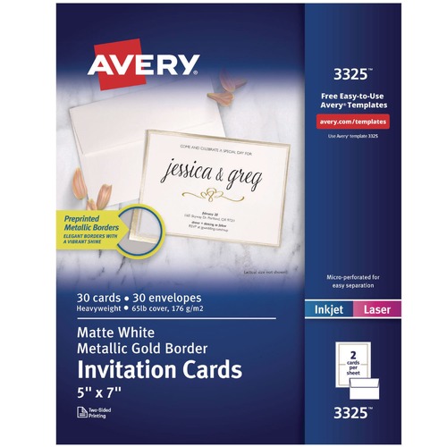 Labels | Avery 3325 5 in. x 7 in. Inkjet/Laser Invitation Cards with Metallic Border - Matte White (2 Cards/Sheet, 15 Sheets/Pack) image number 0
