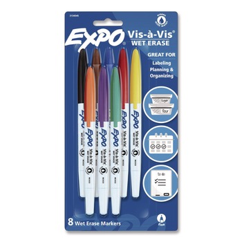 EXPO 2134345A Vis-a-Vis Wet Erase Marker Fine Bullet Tip Assorted Colors 8/Pack