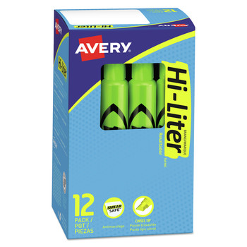 Avery 24020 HI-LITER Desk-Style Chisel Tip Highlighters - Fluorescent Green Ink/Black Barrel (1-Dozen)