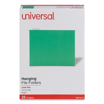 Universal UNV14117EE 1/5-Cut Tab Deluxe Bright Color Hanging File Folders - Letter Size, Bright Green (25/Box)