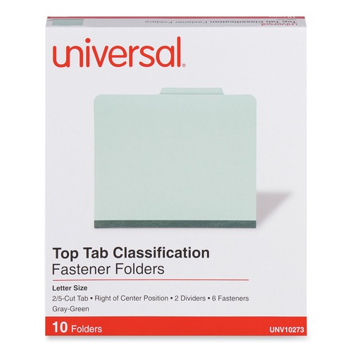 File Folders | Universal UNV10273 6-Section 2-Divider Pressboard Classification Folders - Letter, Gray/Green (10/Box) image number 0