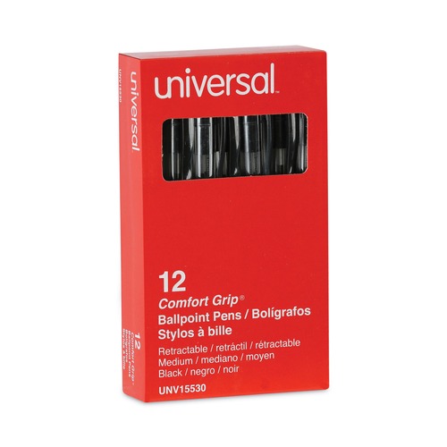 Pens | Universal UNV15530 1 mm Comfort Grip Retractable Ballpoint Pens - Medium, Black (1 Dozen) image number 0