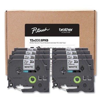 Brother P-Touch TZE2318PKB 0.5 in. TZe Series Standard Adhesive Laminated Labeling Tape - Black on White (8/Pack)