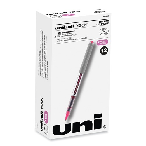 Pens | uni-ball 60384 VISION 0.7 mm Stick Roller Ball Pen - Pink Ink/Silver/Pink/Clear Barrel/Fine (1-Dozen) image number 0