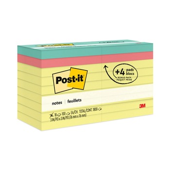 Post-it Notes 654-14-4B 3 in. x 3 in. Original Pads Assorted Value Pack - Canary Yellow/Poptimistic Collection Colors (18 Pads/Pack)