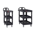 Cleaning Carts | Rubbermaid Commercial 2196862 BRUTE 25.24 in. x 44 in. x 47 in. 3 Shelves 600 lb Capacity Resin 3-Shelf Heavy-Duty Ergo Lipped Utility Cart - Black image number 6