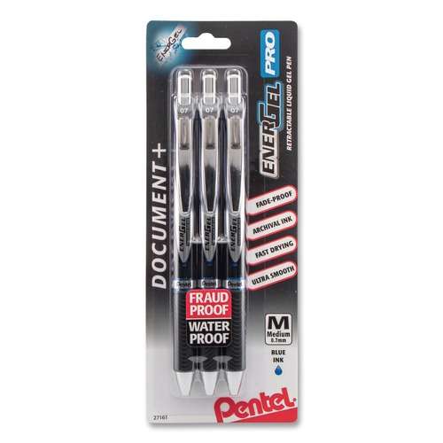Pens | Pentel BLP77BP3C 0.7 mm Medium EnerGel PRO Hybrid Retractable Gel Pen - Blue Ink, Black Barrel (3/Pack) image number 0