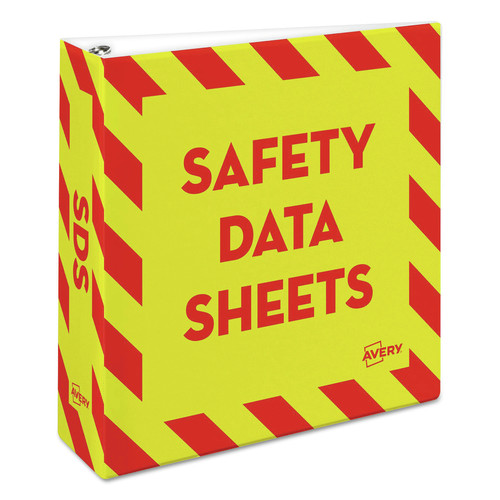 Binders | Avery 18952 11 in. x 8.5 in. 3 in. Capacity 3-Rings Heavy-Duty Preprinted Safety Data Sheet Binder - Yellow/Red image number 0