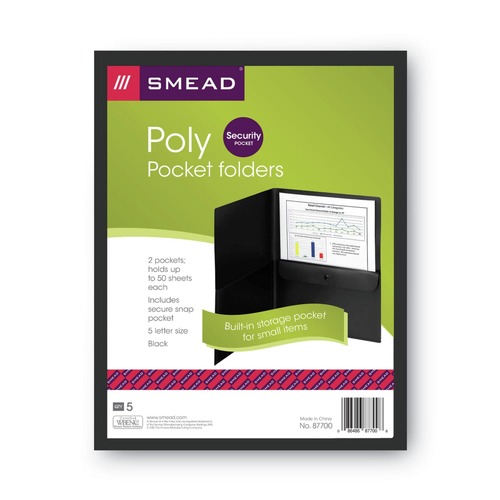 File Folders | Smead 87700 11 in. x 8.5 in. 100-Sheet Capacity Poly 2-Pocket Folder with Snap Closure Security Pocket - Black (5/Pack) image number 0