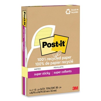 STICKY NOTES AND POST ITS | Post-it Notes Super Sticky 4621R-4SSCY 4 in. x 6 in. Ruled 100 Percent Recycled Paper Super Sticky Notes - Canary Yellow (4-Pads/Pack)