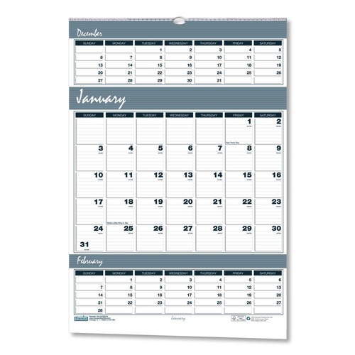 Back to School Sale | House of Doolittle 343 14-Month: Dec 2025 to Jan 2027 15.5 in. x 22 in. Bar Harbor Recycled Wirebound 3-Months-Per-Page Wall Calendar - White/Blue/Gray image number 0