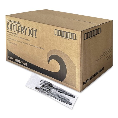 Cutlery | Boardwalk BWK3KITHVYBL 3-Piece Heavyweight Fork/Knife/Teaspoon Cutlery Kit - Black (250/Carton) image number 0