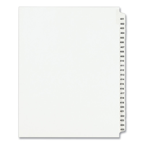 Back to School Sale | Avery 01346 11 in. x 8.5 in. 25-Tab 401 to 425 Avery Style Preprinted Legal Exhibit Side Tab Index Dividers - White (1-Set) image number 0