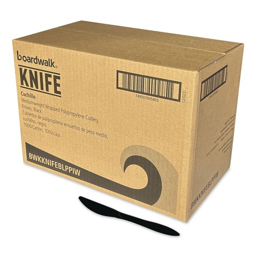 Cutlery | Boardwalk BWKKNIFEBLPPIW Mediumweight Wrapped Polypropylene Plastic Knife Cutlery - Black (1000/Carton) image number 0