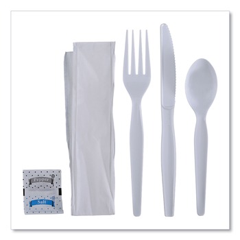 CUTLERY | Boardwalk BWKFKTNSHWPSWH 6-Piece Heavyweight Condiment/Fork/Knife/Napkin/Spoon Cutlery Kit - White (250/Carton)
