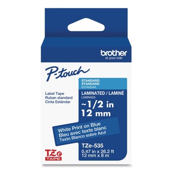 Brother P-Touch TZE535CS 0.47 in. x 26.2 ft. TZe Laminated Removable Label Tapes - White on Blue