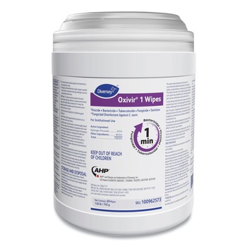 Diversey Care 100962573 Oxivir 10 in. x 10 in. 1-Ply 1 Wipes - Characteristic Scent, White (60 Canister, 12 Canisters/Carton)