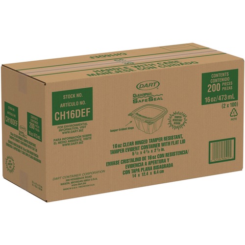 Food Trays, Containers, and Lids | Dart CH16DEF ClearPac SafeSeal 16 oz. Flat Lid Plastic Tamper-Resistant/Evident Containers - Clear (200/Carton) image number 0