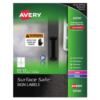 LABELS AND LABEL MAKERS | Avery 61514 3.5 in. x 5 in. Surface Safe Removable Label Safety Signs - White (4/Sheet, 15 Sheets/Pack)