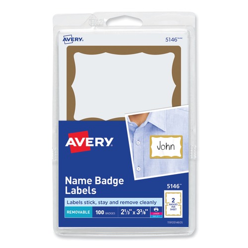 Labels | Avery 05146 3.38 in. x 2.33 in. Printable Adhesive Name Badges - Gold Border (100/Pack) image number 0