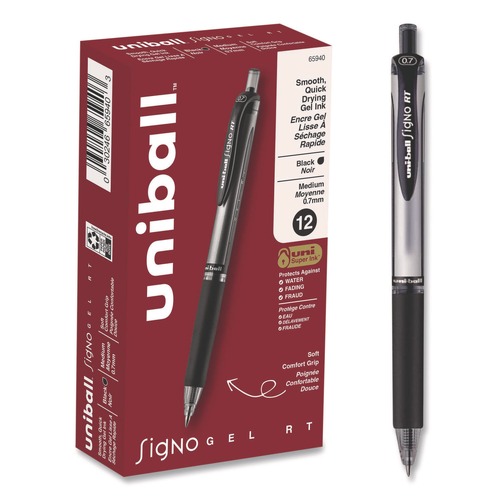 Pens | uni-ball 65940 Signo 0.7 mm Retractable Gel Pen - Black Ink/Silver/Black Barrel/Medium (1-Dozen) image number 0