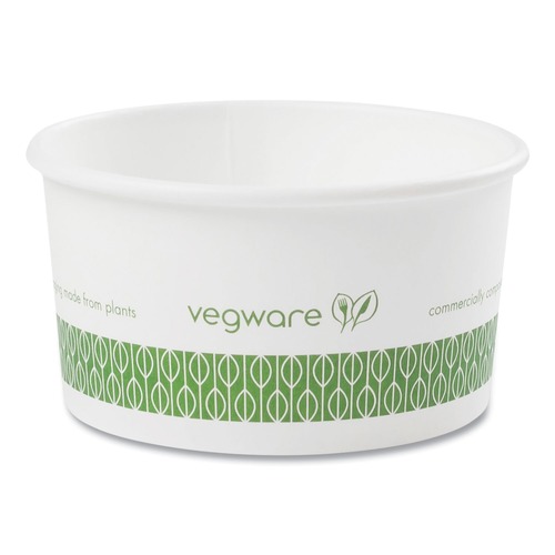 Food Trays, Containers, and Lids | Vegware SC-06G 3.5 in. x 1.7 in. 6 oz. Compostable Paper Soup Containers - Green/White (1000/Carton) image number 0