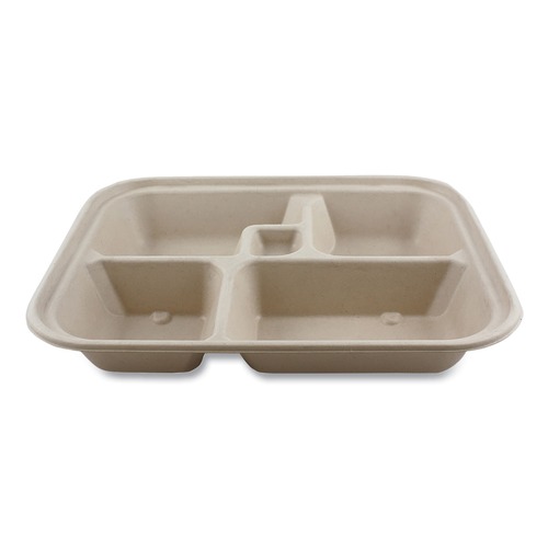 Food Trays, Containers, and Lids | World Centric TR-SC-BB-LFS 5-Compartment 12 in. x 9.5 in. x 2 in. Bento Box Paper Fiber Containers - Natural (300/Carton) image number 0
