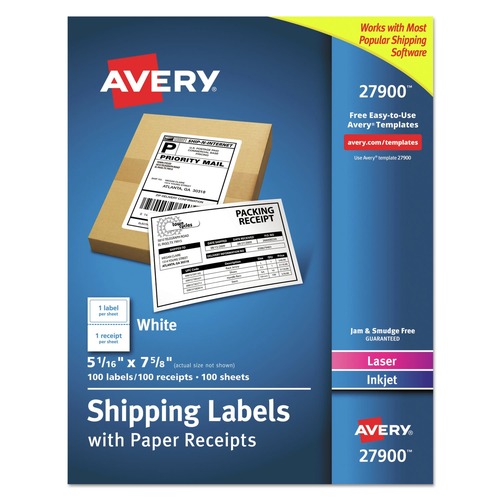 Labels | Avery 27900 5.06 in. x 7.63 in. Inkjet/Laser Printers Shipping Labels with Paper Receipt Bulk Pack - White (100/Box) image number 0