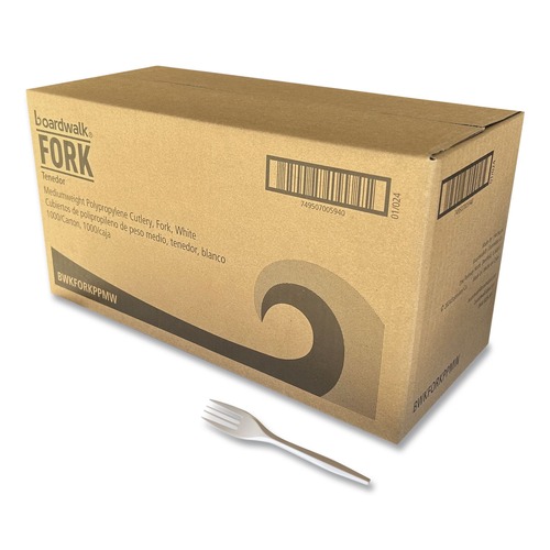 Cutlery | Boardwalk BWKFORKPPMW 5.51 in. Long Mediumweight Polypropylene Plastic Fork Cutlery - White (1000/Carton) image number 0
