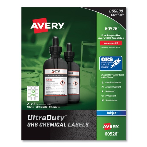 Labels | Avery 60526 UltraDuty 2 in. x 2 in. GHS Chemical Waterproof and UV Resistant Labels - White (600/Pack) image number 0
