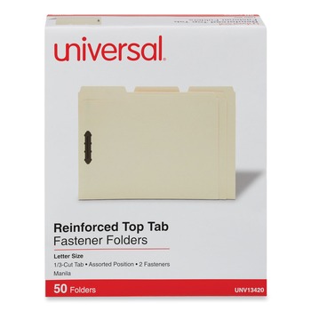 Universal UNV13420 1/3 Cut Tab Letter Size Deluxe Reinforced Top Tab Folders with Fasteners - Manila (50/Box)