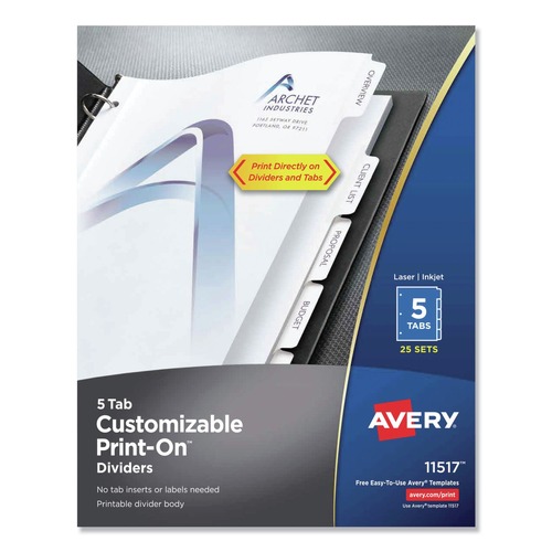 Dividers & Tabs | Avery 11517 Print-On 11 in. x 8.5 in. 5-Tab 3-Hole Customizable Punched Dividers - White (125/Pack) image number 0